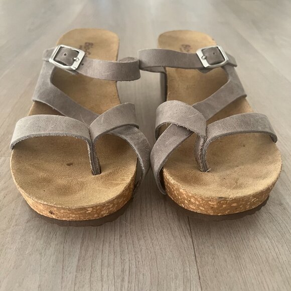 Bio Gold Sandals Sz 8 Gray Wedge Cork Leather Bohemian Comfort Strappy Slip On - Picture 3 of 7